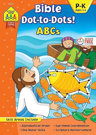 School Zone - Bible Dot-to-Dots! ABCs Workbook - Ages 3 to 6, Preschool, Kindergarten, Christian Scripture, Old & New Testament, Connect the Dots, Alphabet, and More (Inspired Learning Workbook)