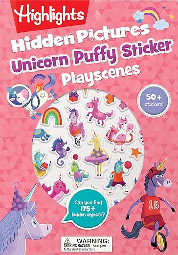 Unicorn Hidden Pictures Puffy Sticker Playscenes: Unicorn Sticker Activity Book, 50+ Reusable Stickers, Decorate Pictures and Solve Puzzles, Sticker Book for Kids (Highlights Puffy Sticker Playscenes)