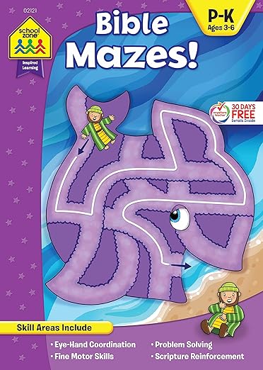 School Zone - Bible Mazes! Workbook - Ages 3 to 6, Preschool to Kindergarten, Christian Scripture, Old & New Testament, Problem-Solving, and More (Inspired Learning Workbook) (Inspired Learning)